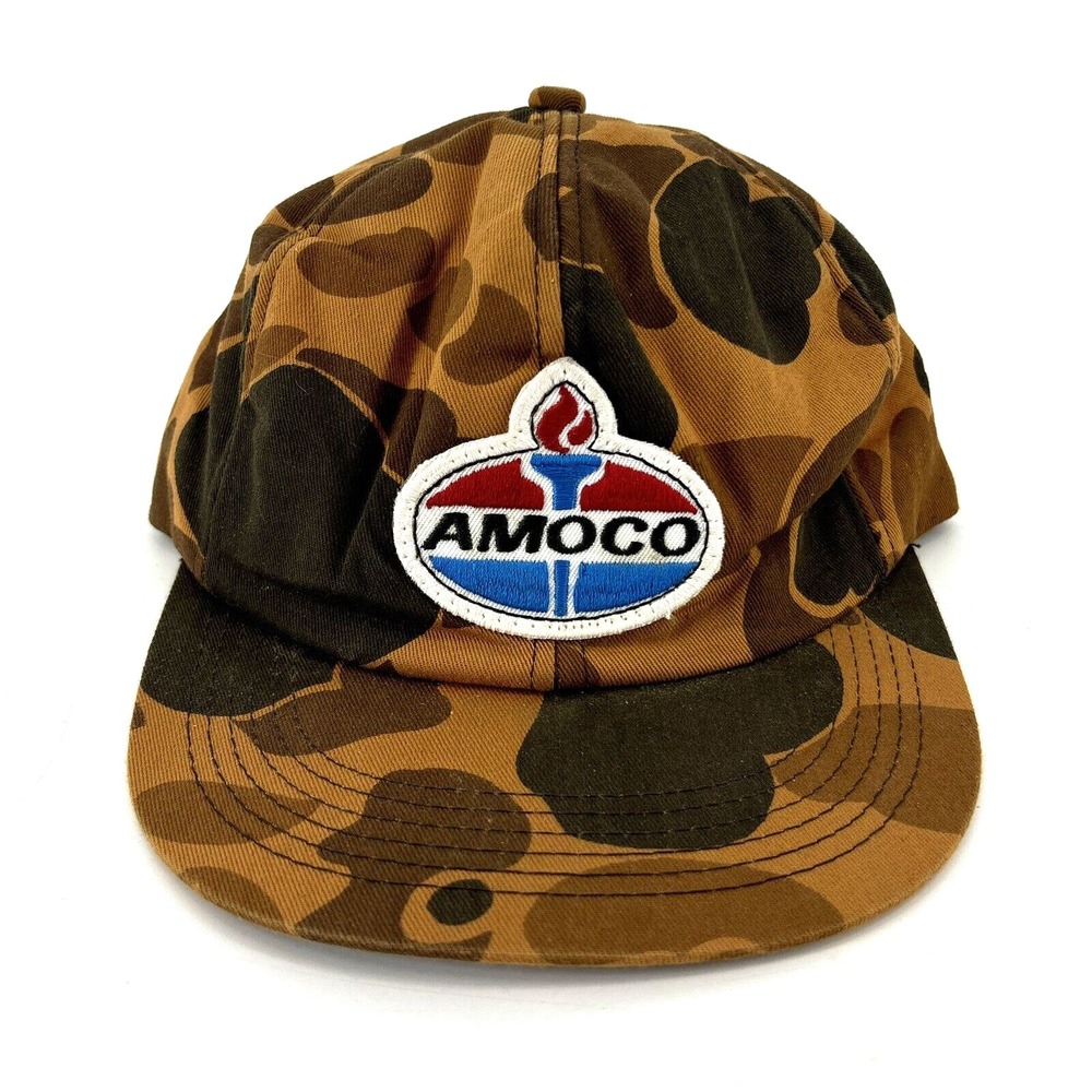 Vintage KBRAND Amoco Oil‎ Gas Camo Snapback Hat Cap Patch Brown OSFA USA